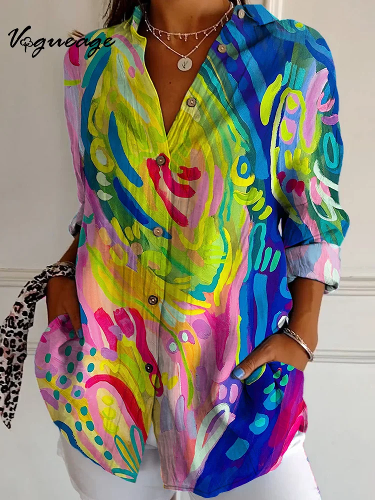 Gorgeous Oil Painting Style Color Blocks Long Sleeves Printed Cotton And Linen Shirt