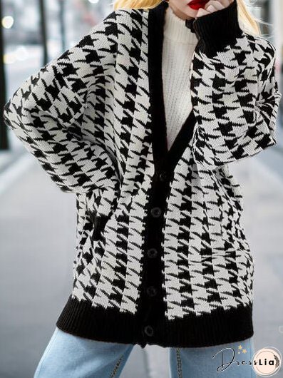 Houndstooth Button Up Long Sleeve Cardigan