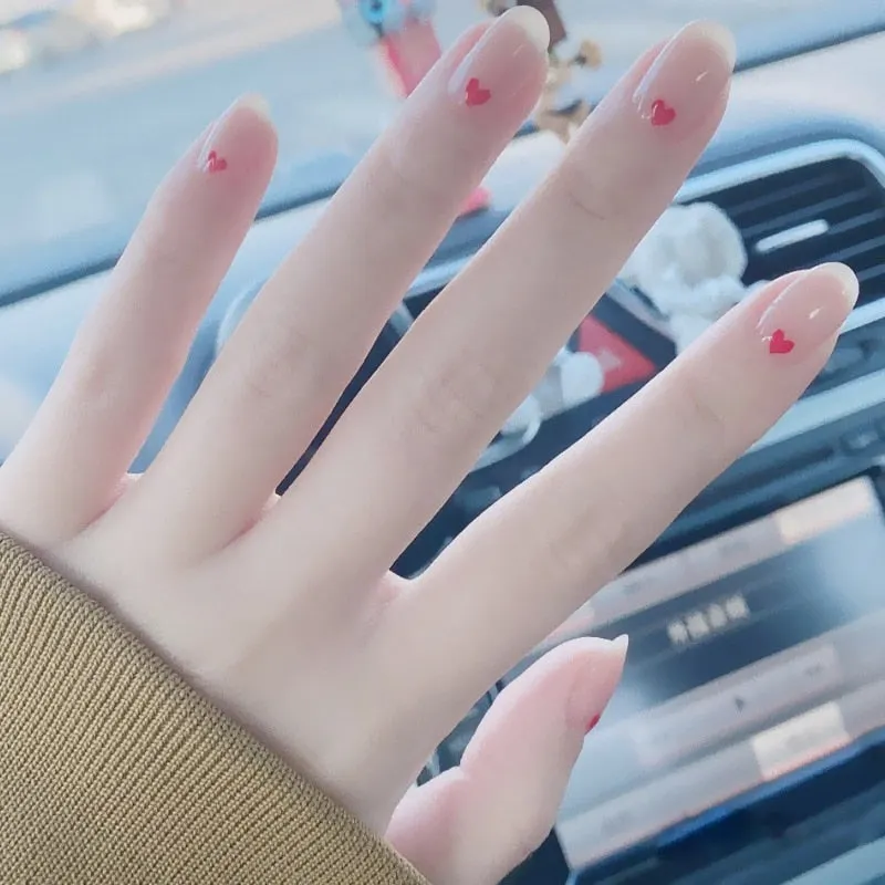 24pcs Fashion Natural Nude Color Heart Pattern Decorative Fake Nails with Glue Suitable Girl Wearable Short press on nail tips-Nail Inspo