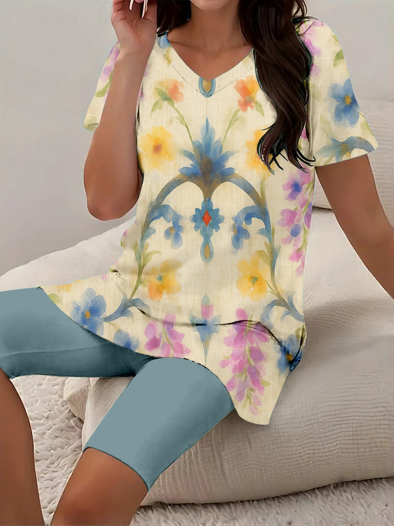 Women Long Sleeve V-neck Graphic Floral Printed Top