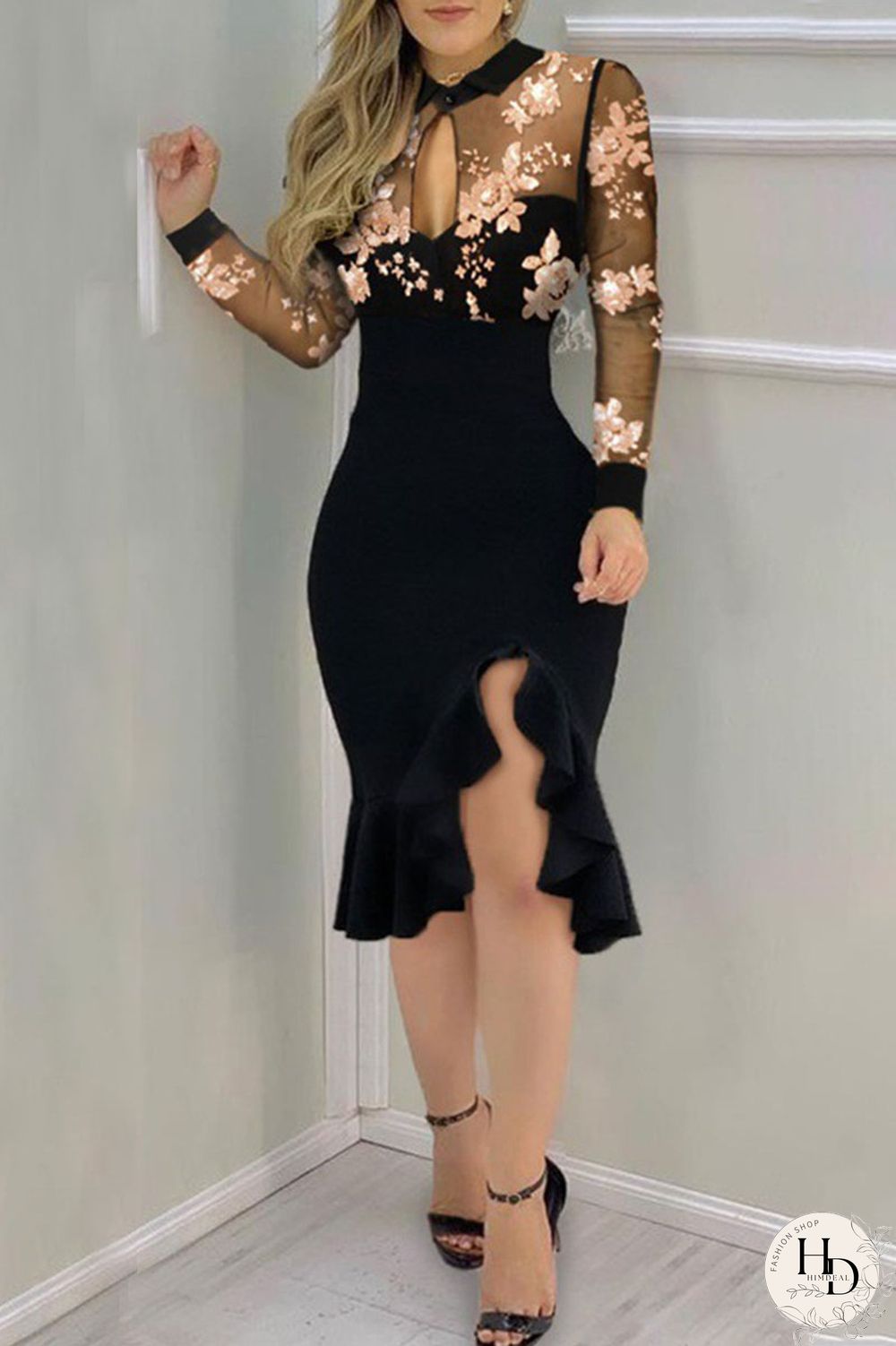 Pink Gold Sexy Solid Embroidered Hollowed Out Sequins Split Joint Flounce O Neck Dresses