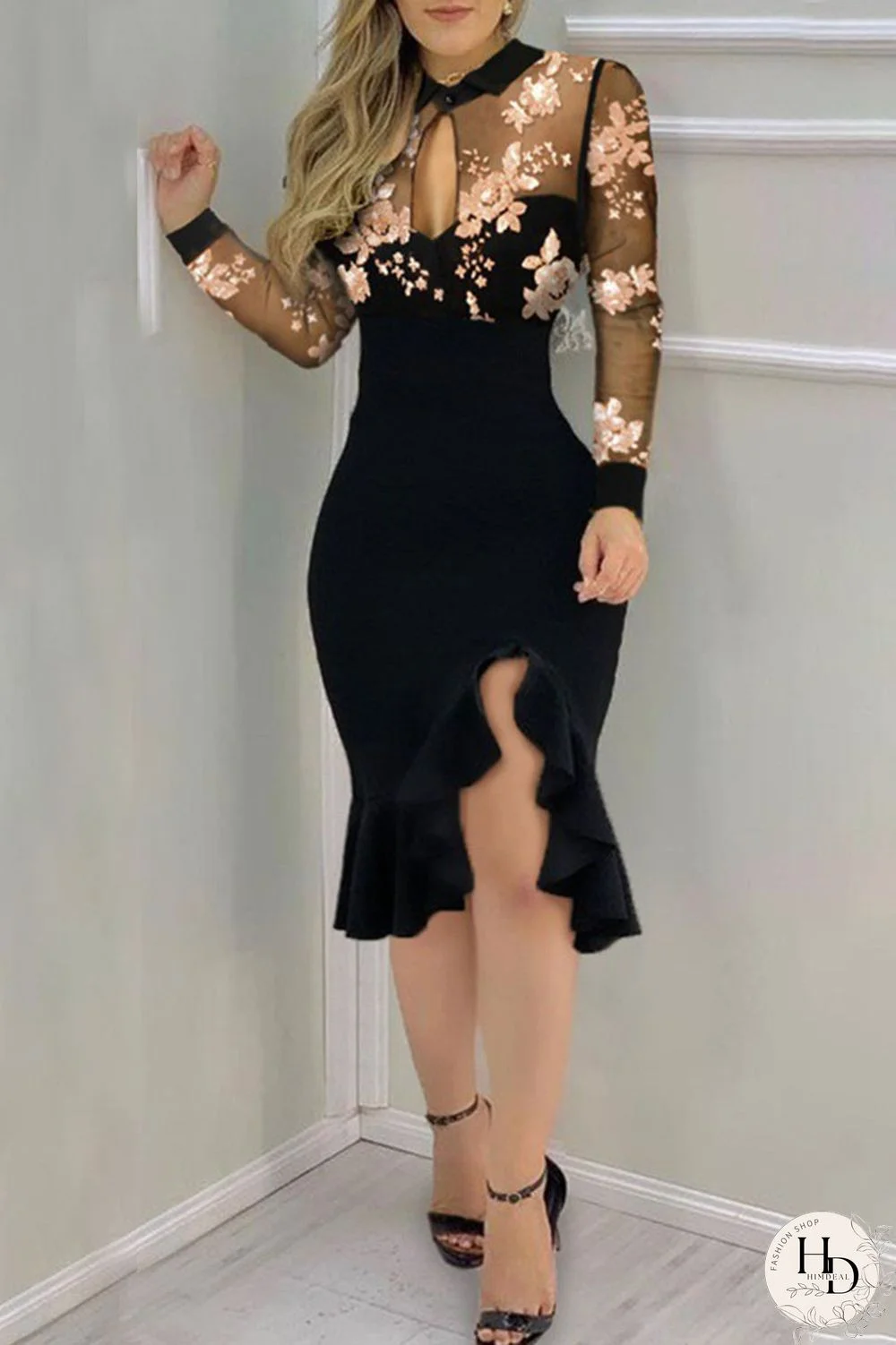 Pink Gold Sexy Solid Embroidered Hollowed Out Sequins Split Joint Flounce O Neck Dresses