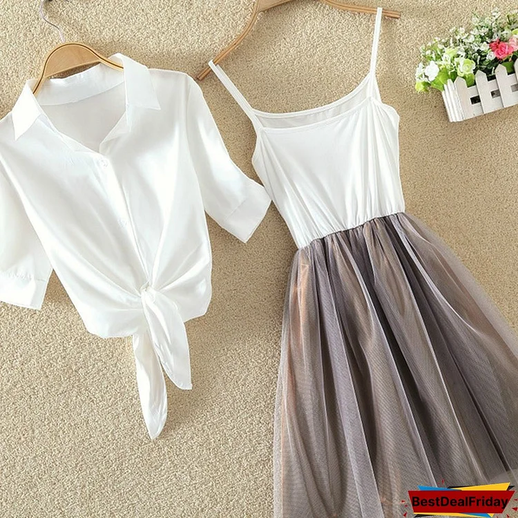 2pcs / Set Summer New Short-sleeved Cardigan Shirt Fashion Casual Slim Princess Dress Plus Size 4XL