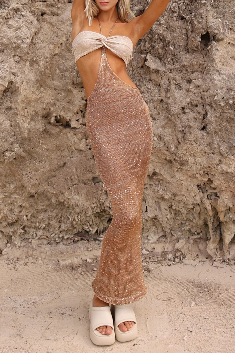 Knit Strapless Crop Top Shimmering Halter Maxi Dresses 2pcs Set-Brown [Pre Order]
