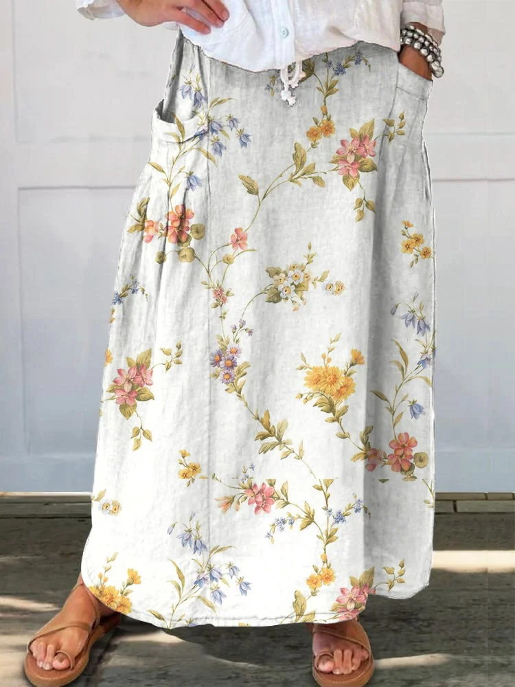Elegant Simple Fashion Flowers Printed Women's Casual Cotton And Linen Skirt
