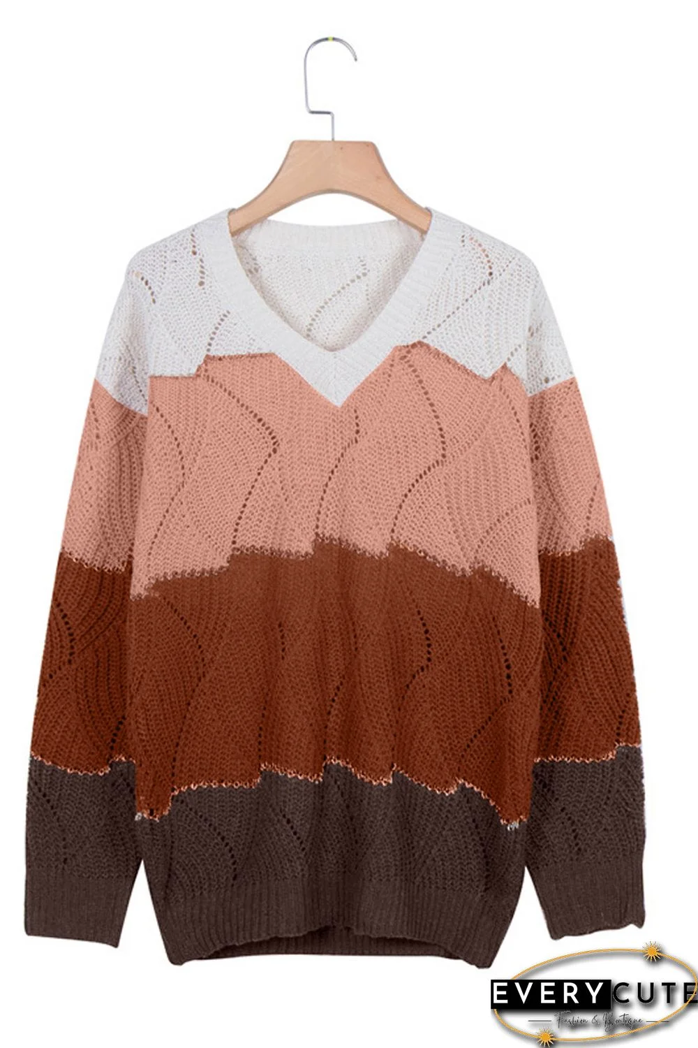 White V Neck Colorblock Textured Knit Sweater