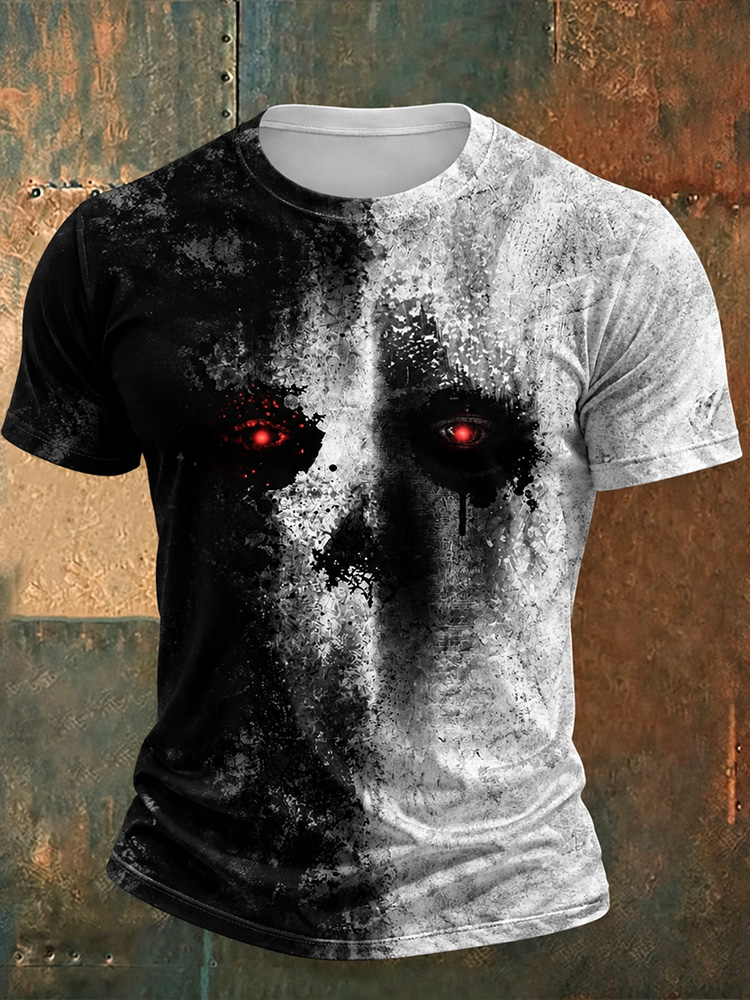 Men's Halloween Skull Ghost Face Art Black And White Color Block Print Distressed Crewneck T-shirt artswardrobe