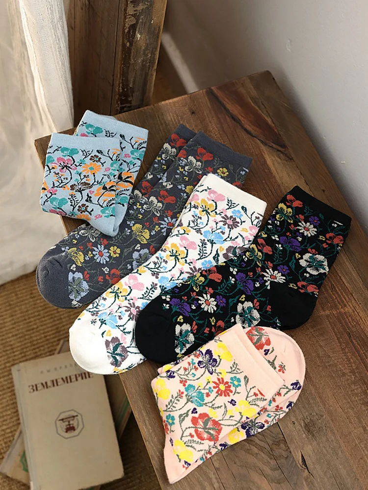 5 Pairs Ethnic Style Floral Women Socks
