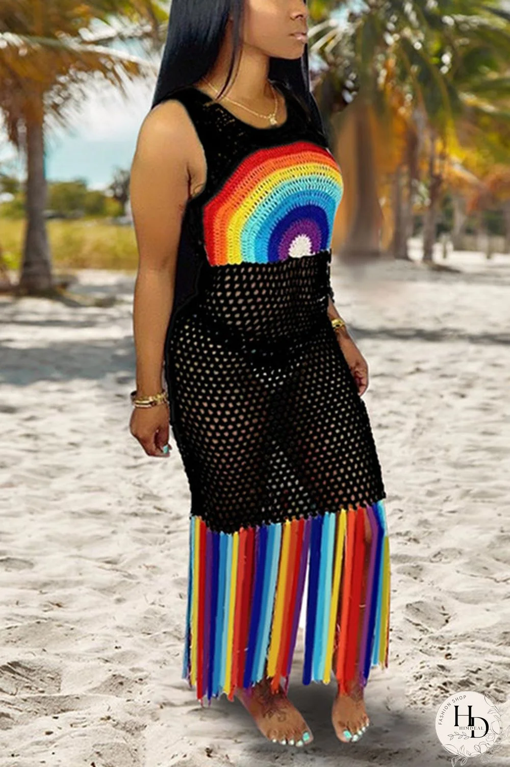 Black Fashion Sexy Mesh Print Beach Dress