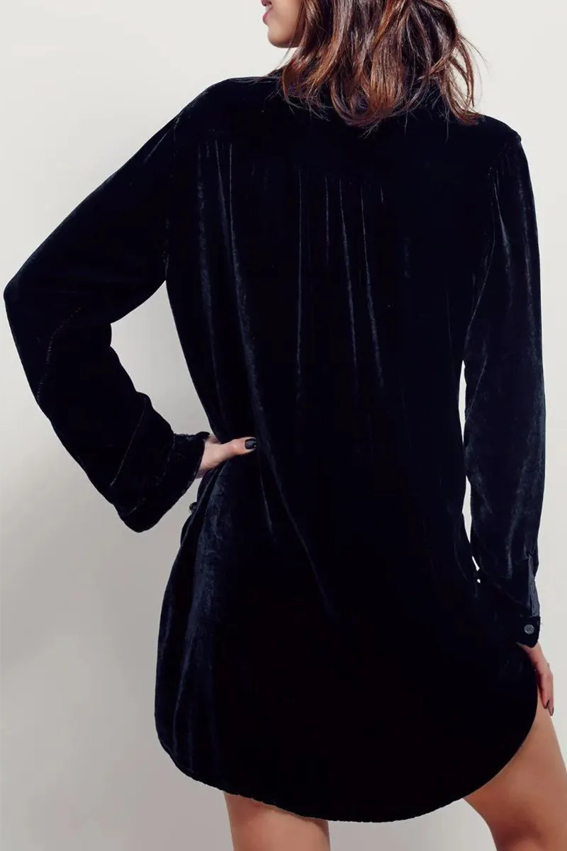 Fashion Casual Solid Split Joint Pocket Turndown Collar Shirt Dress Dresses(3 Colors)