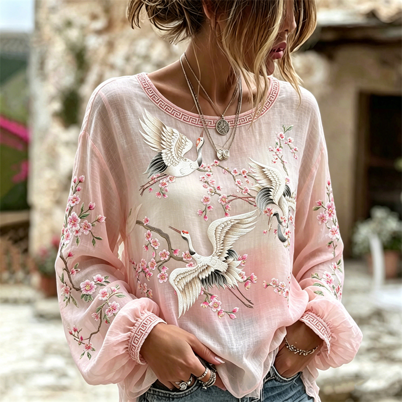 Japanese Cranes Cherry Blossom Gradient Flowy Linen Tunic elevenforest