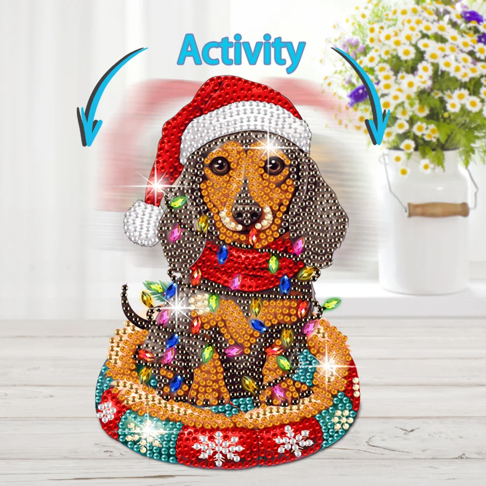 DIY Xmas Dachshund Acrylic Shaking Head Desktop Diamond Painting Art Kits for Kids
