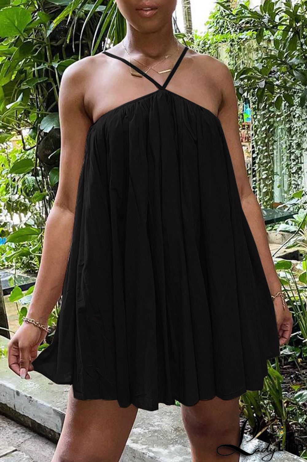 Black Sexy Solid Patchwork Halter Dresses