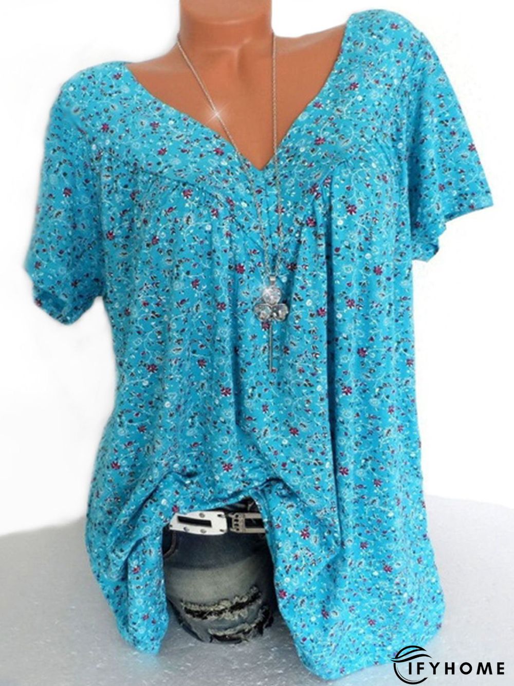 Casual V Neck Floral Short Sleeve Top | IFYHOME