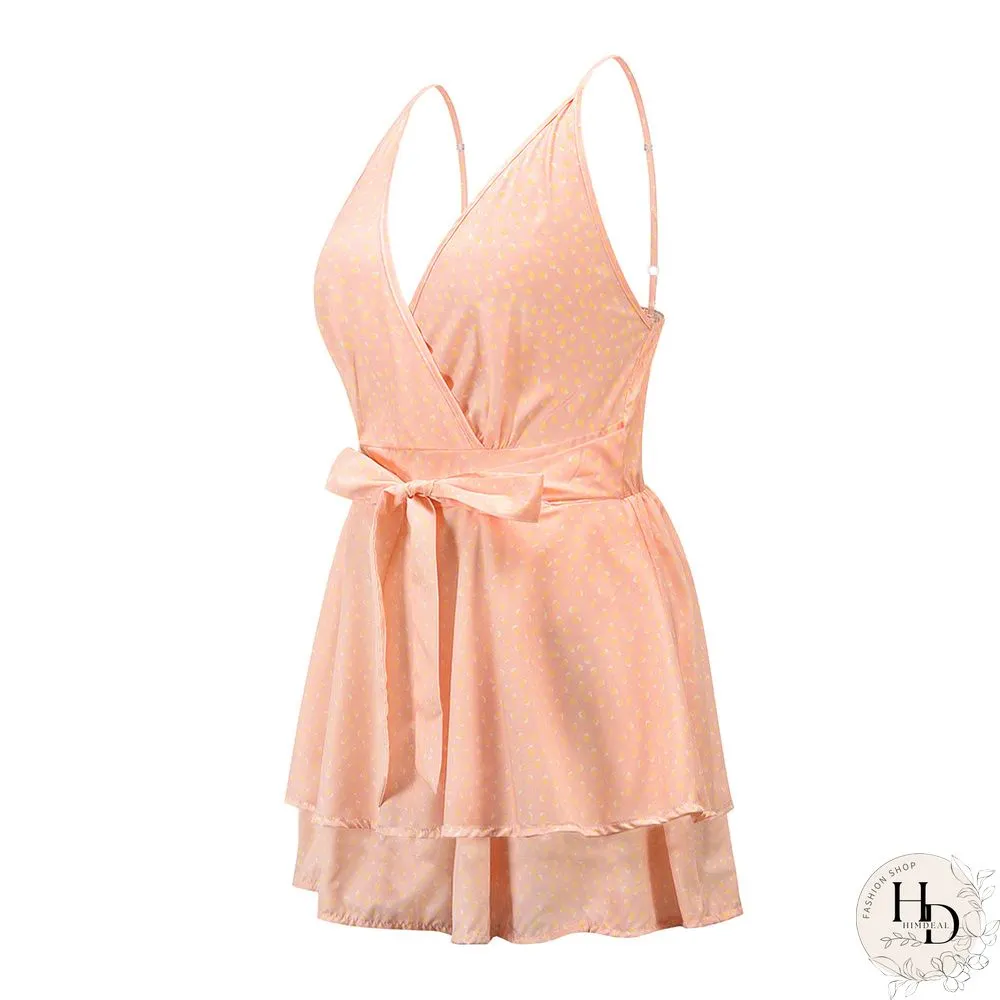 Deep V Neck Spaghetti Strap Backless Waist Tie Mini Dress