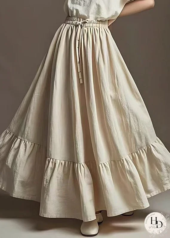 Women White Elastic Waist Exra Large Hem Linen Skirt Summer