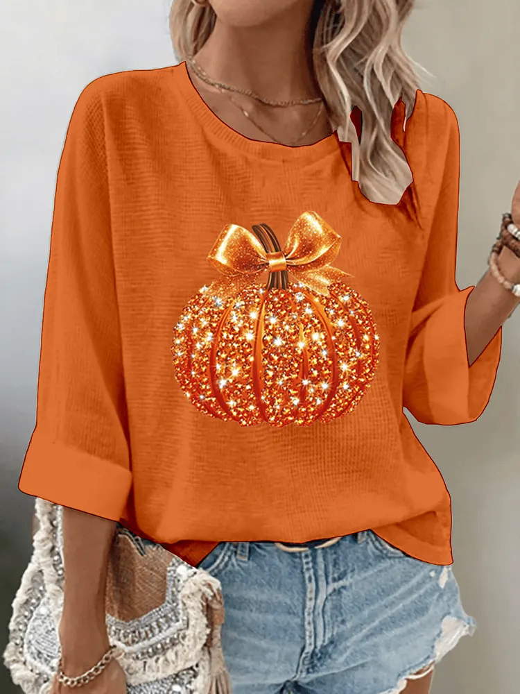 Women's Autumn Sequin Pumpkin Print Waffle Fabric 3/4 Sleeve Top 