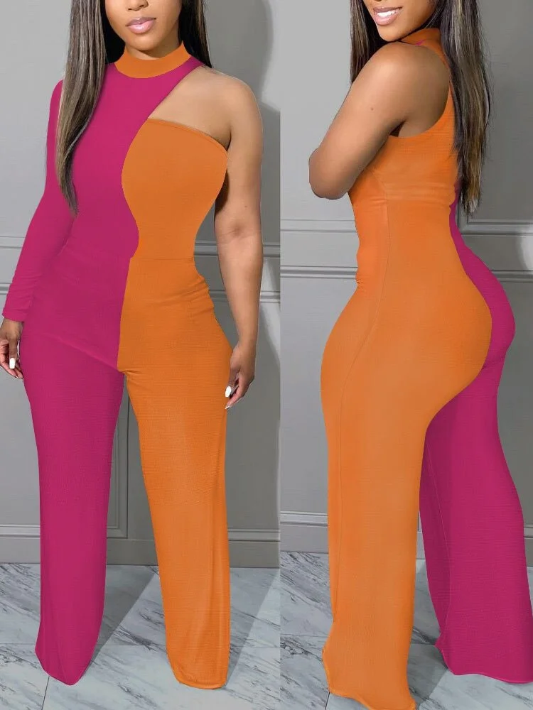 Fashion Print Women Slim O-neck One-pieces Jumpsuits 2023 Autumn Off Shoulder Long Sleeve Contrast Splic Wide Leg Jumpsuit New