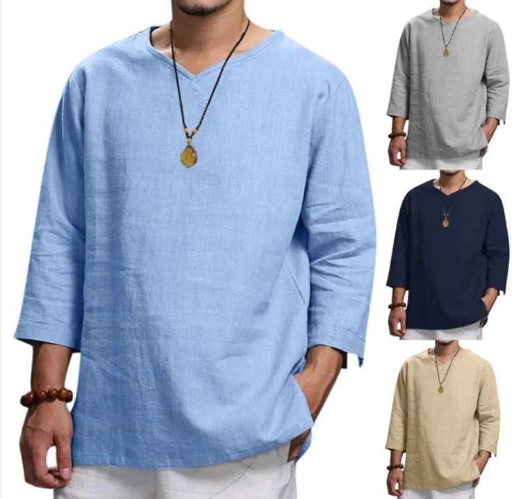 Men's Long-sleeved V-neck Linen Loose Shirt