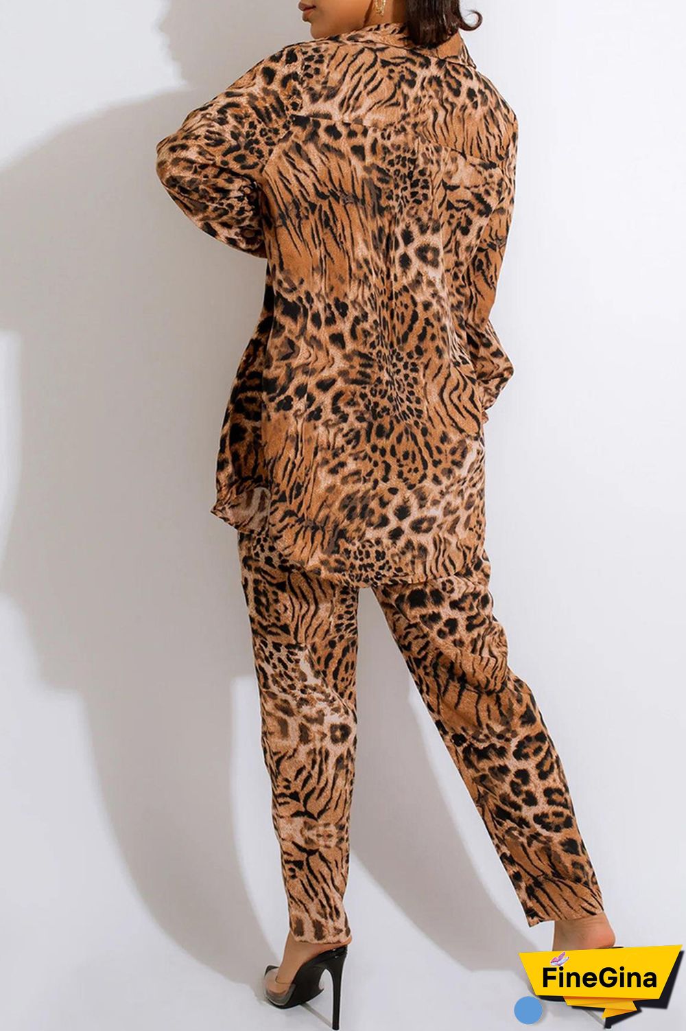 Tiger Pattern Fashion Casual Print Cardigan Vests Pants Turn-back Collar Long Sleeve Two Pieces