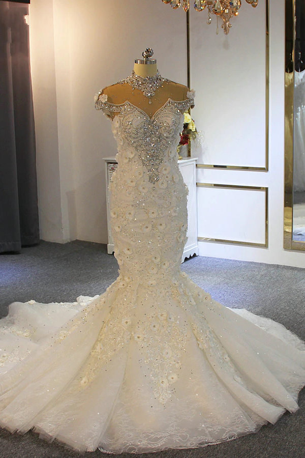 Beautiful Mermaid High Neck Crystal Tulle Floor-length Wedding Dress With Appliques Lace | Ballbellas Ballbellas