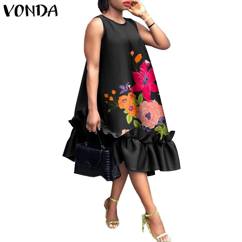 Vintage Women Midi Dress Summer Party  Dresses 2022 VONDA Fashion Beach Floral Print Ruffled Tank Vestidos