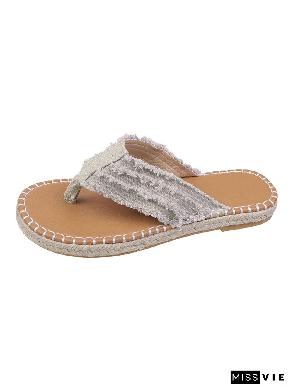 Distressed Denim Fringe Straw Bottom Flip Flops