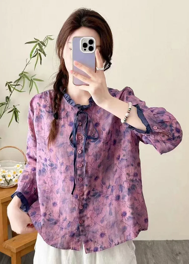 Fine Purple Ruffled Print Lace Up Patchwork Linen Blouses Fall