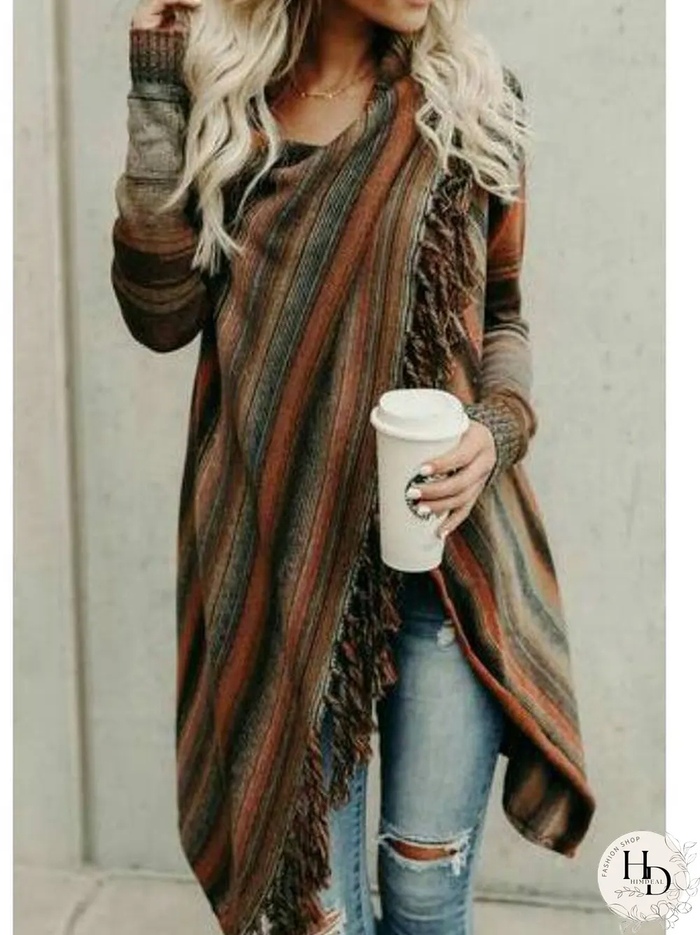 Asymmetrical Long Sleeve Stripes Casual Sweater