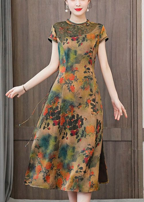 Green Print Silk Cheongsam Dresses Embroideried Slim Fit Summer
