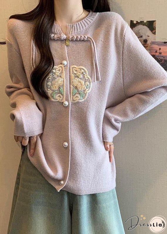 Pink Knit Coats Button Tassel Embroidered Fall
