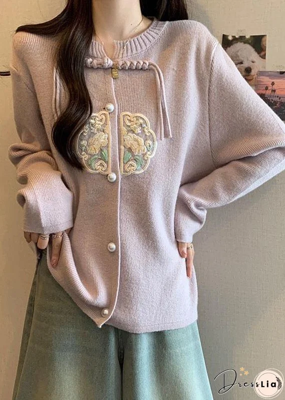 Pink Knit Coats Button Tassel Embroidered Fall