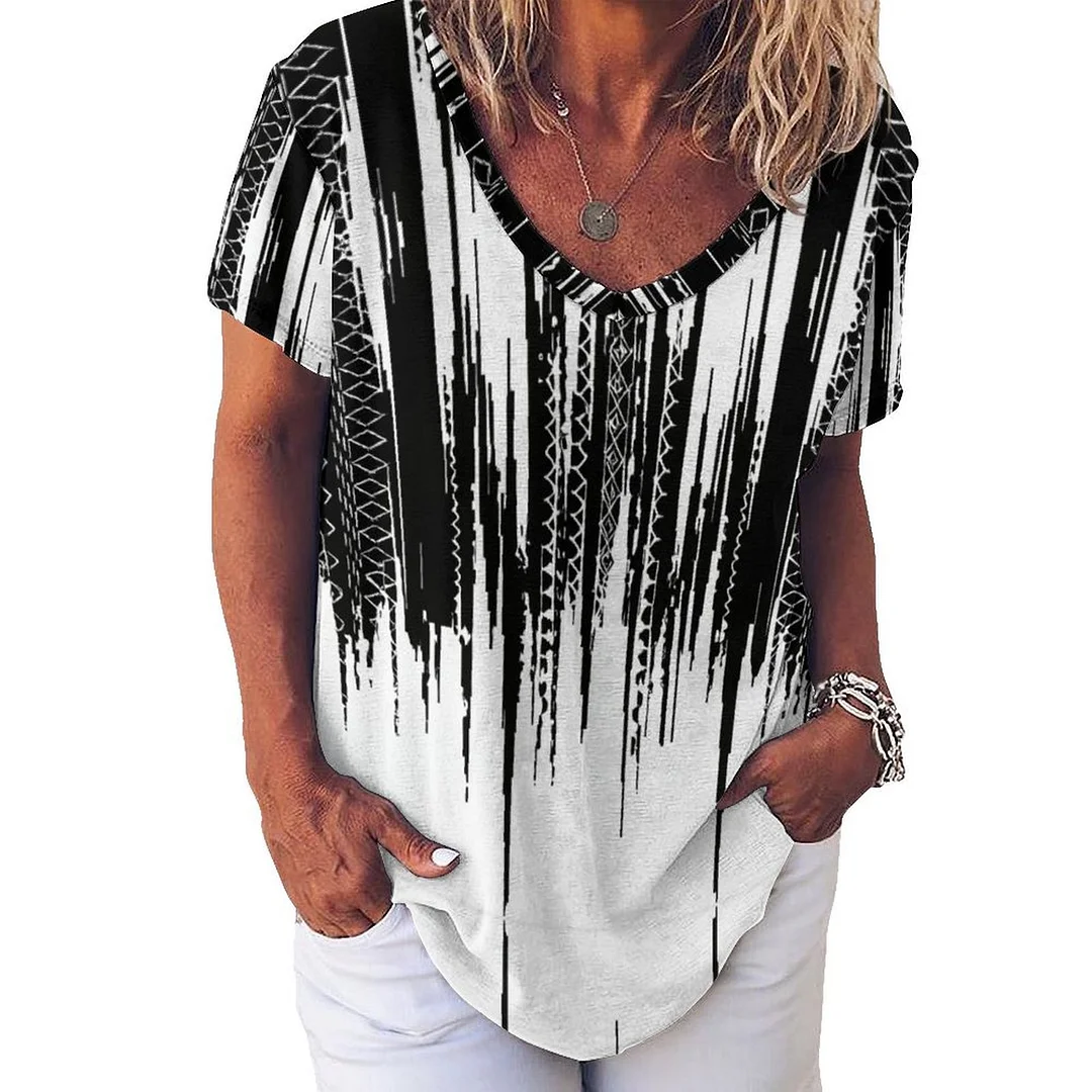V-neck Short Sleeve Casual T-shirt for  Women Printed with Pattern Black, Ray, Abstract