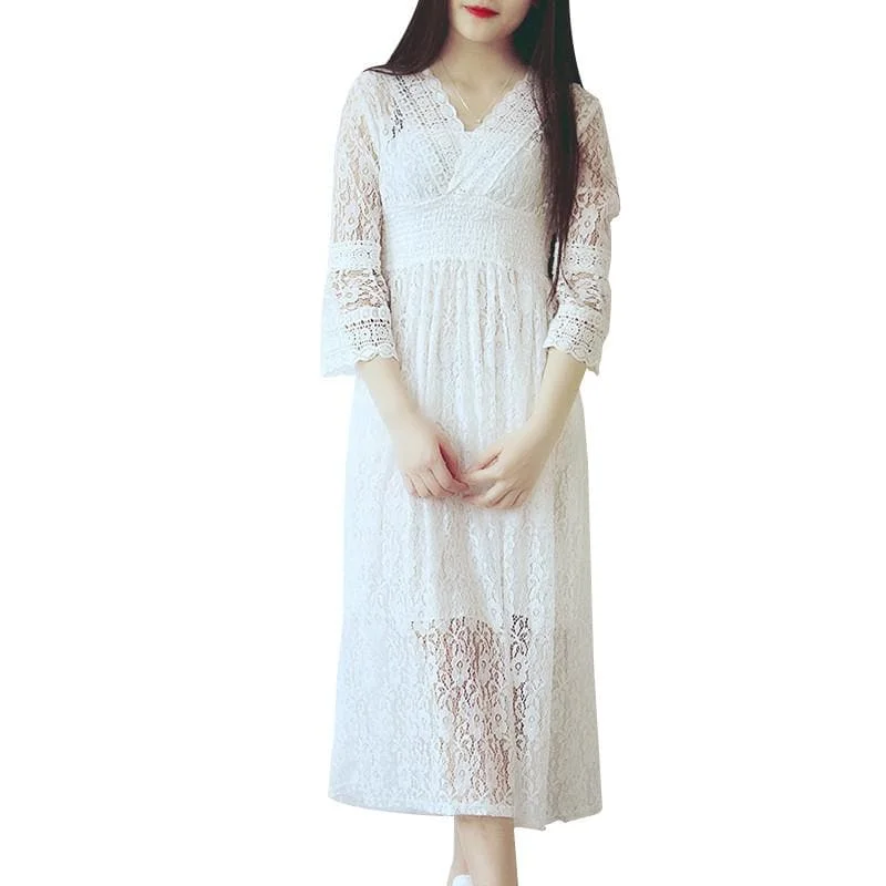 S-XL White Elegant Lace Long Sleeve Dress SP166690