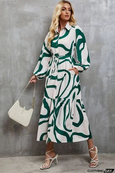 Tie-Waist Printed Button Up Dress