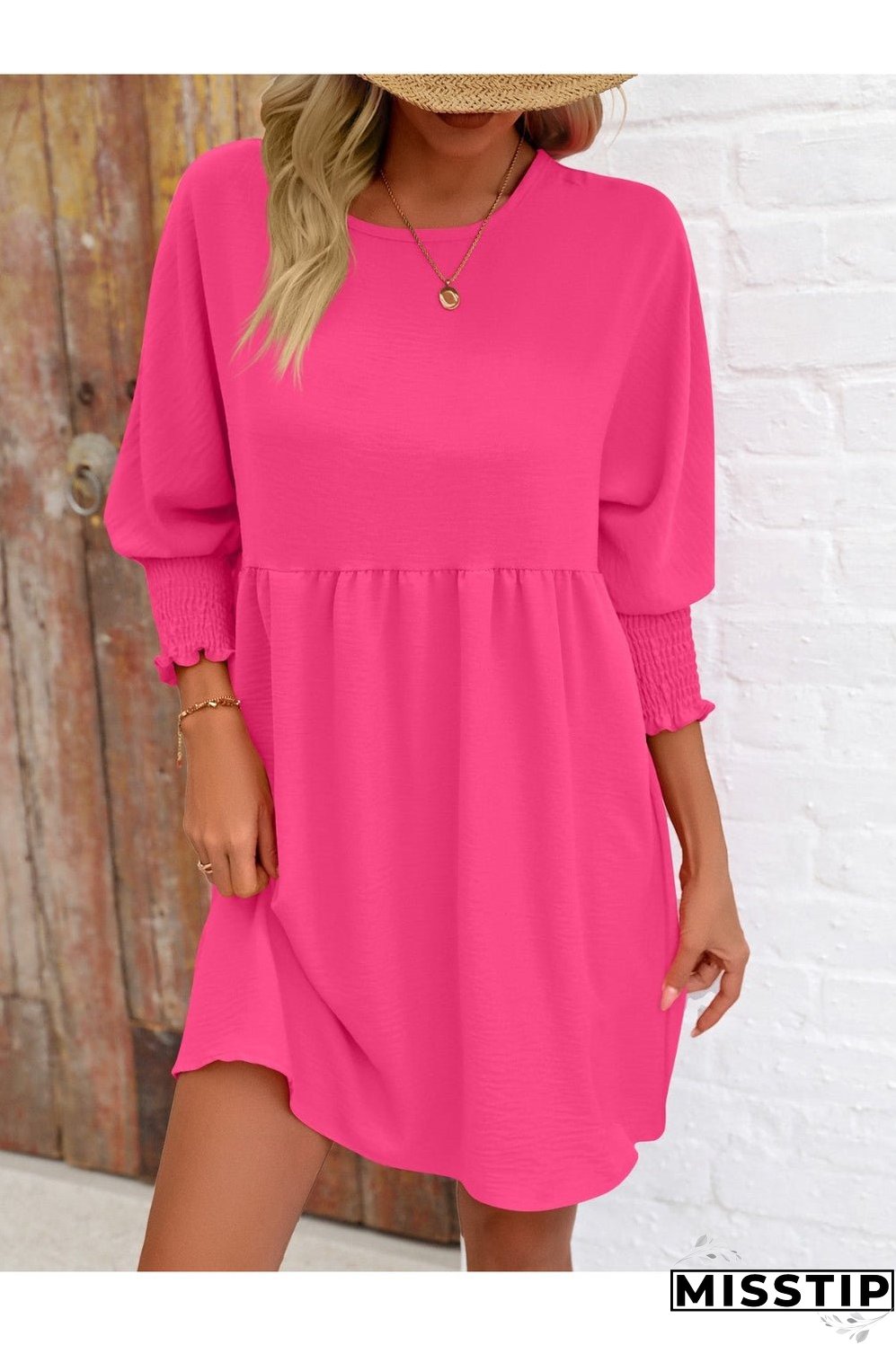 Round Neck Lantern Sleeve Mini Dress