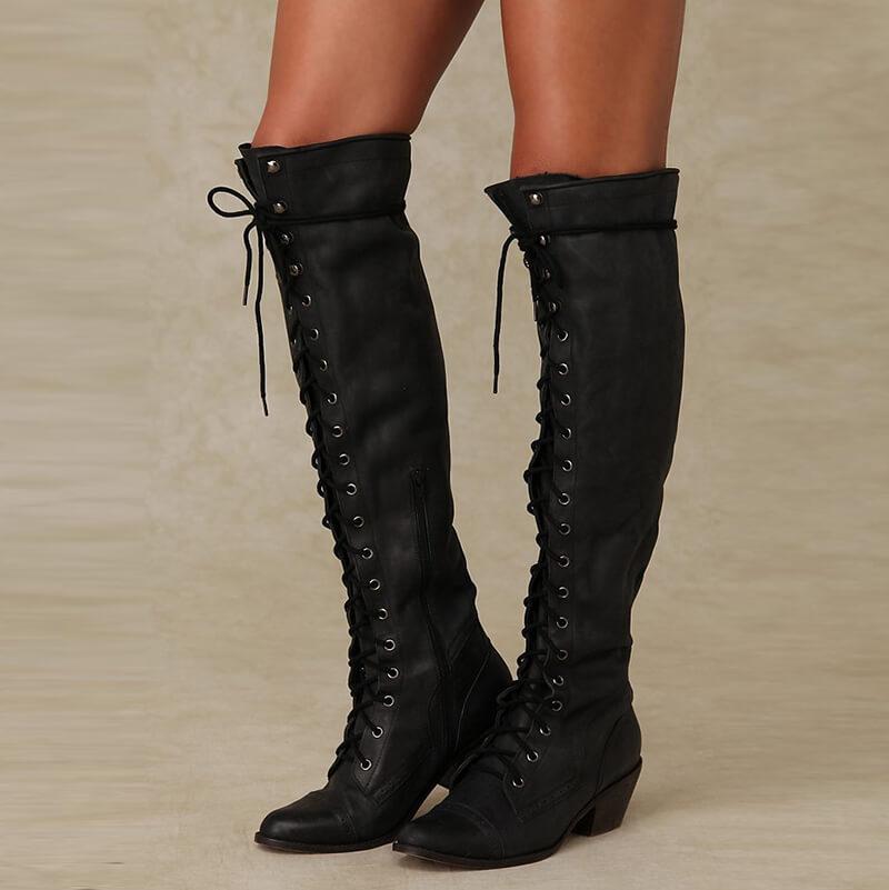 GOOSHOE Lace Up Low Chunky Heel Over the Knee Boots