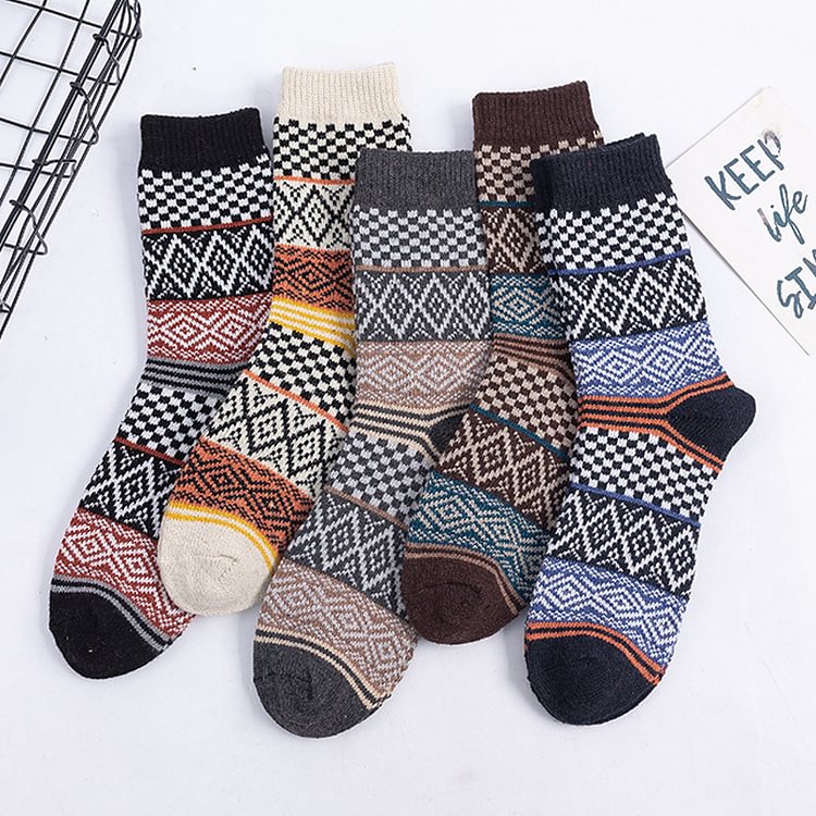 Checkered Wool Thickened Warm Mid-tube Wool Socks (five Pairs)