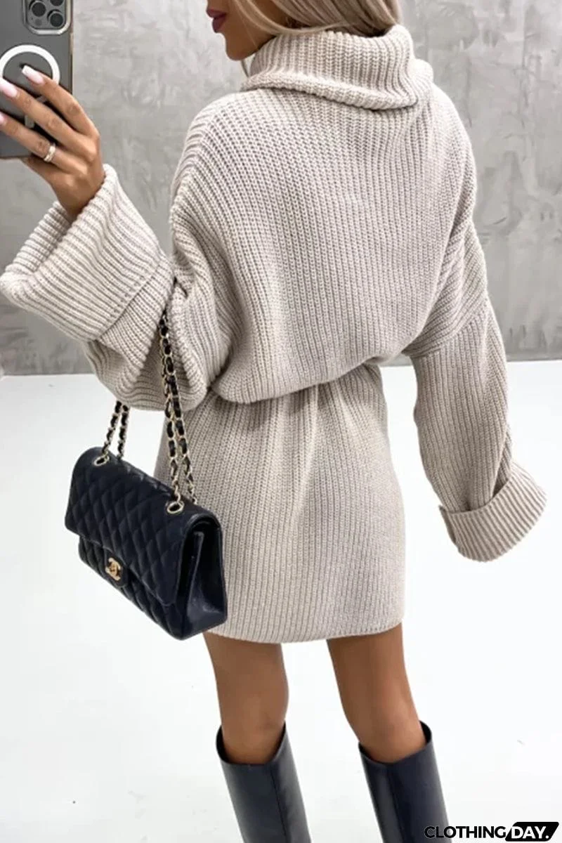 Elegant Solid Patchwork Turtleneck One Step Skirt Dresses
