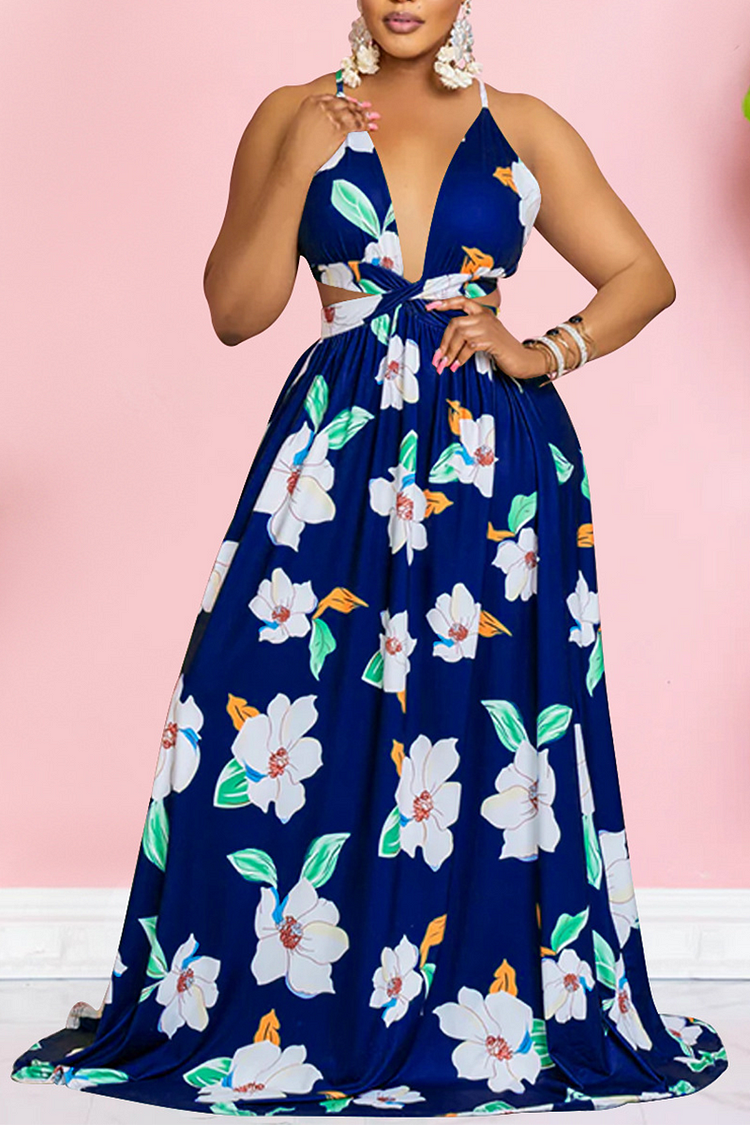 Floral Print Deep V Neck Backless Slip Maxi Dresses-Blue