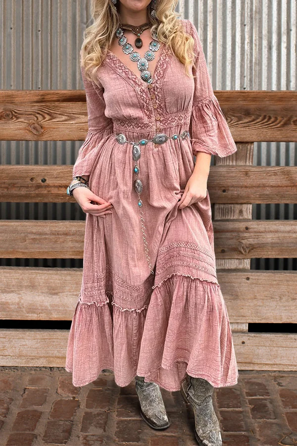 Lace Panel Ruffle Maxi Dress
