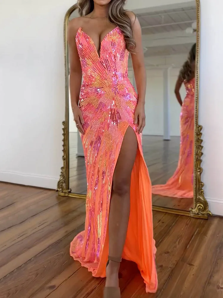 Sequinned Flower Sleeveless Tube Split-Side Maxi Dresses Party Dresses
