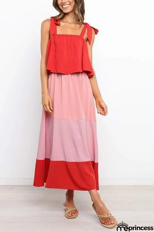 Color Block Bow Slip Maxi Dress