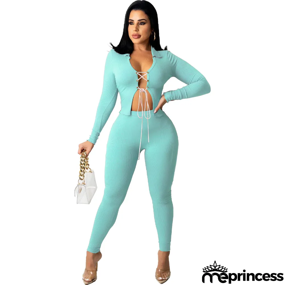 Solid Long Sleeve Lace-Up Two Piece Pants Set