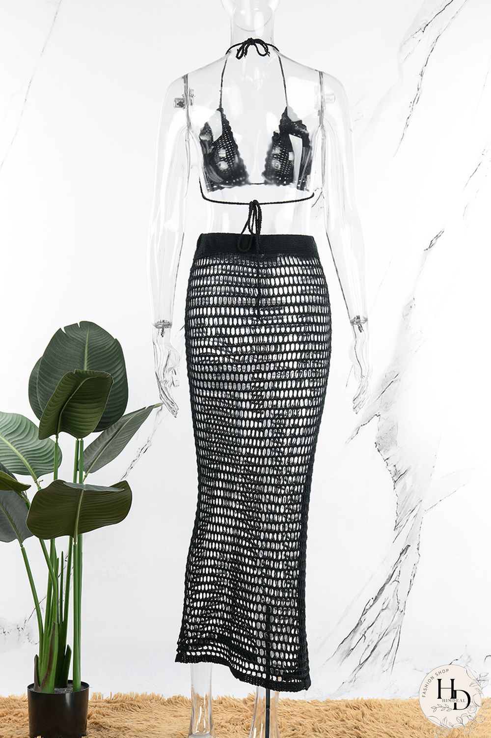 Tangerine Red Sexy Solid Hollowed Out Patchwork Halter Sleeveless Two Pieces