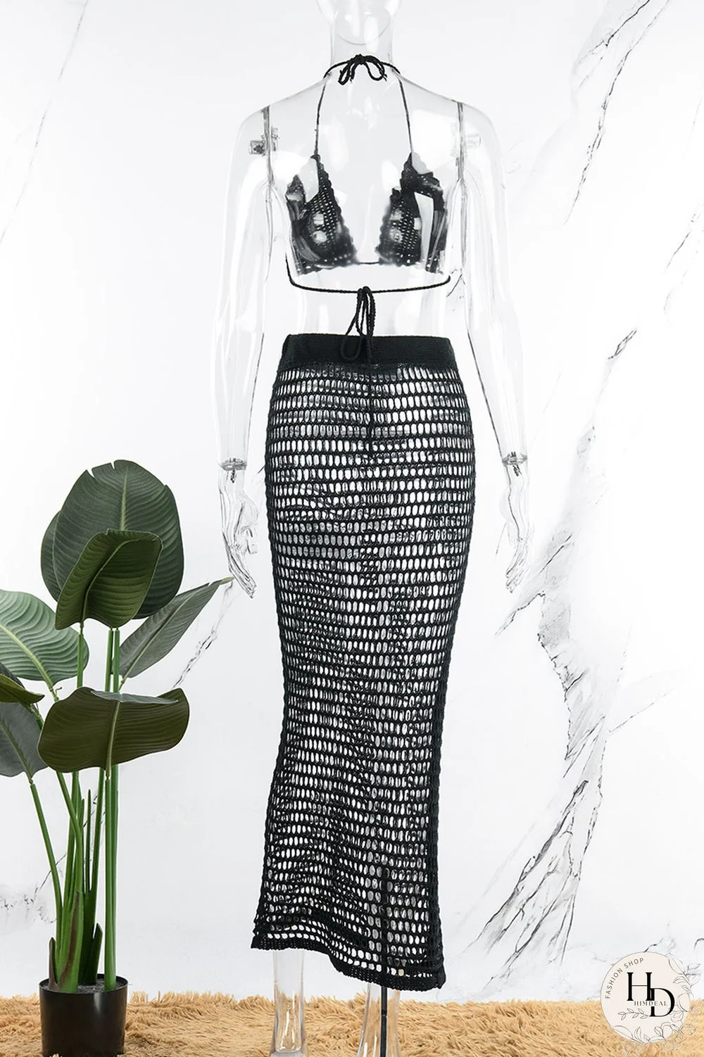 Tangerine Red Sexy Solid Hollowed Out Patchwork Halter Sleeveless Two Pieces