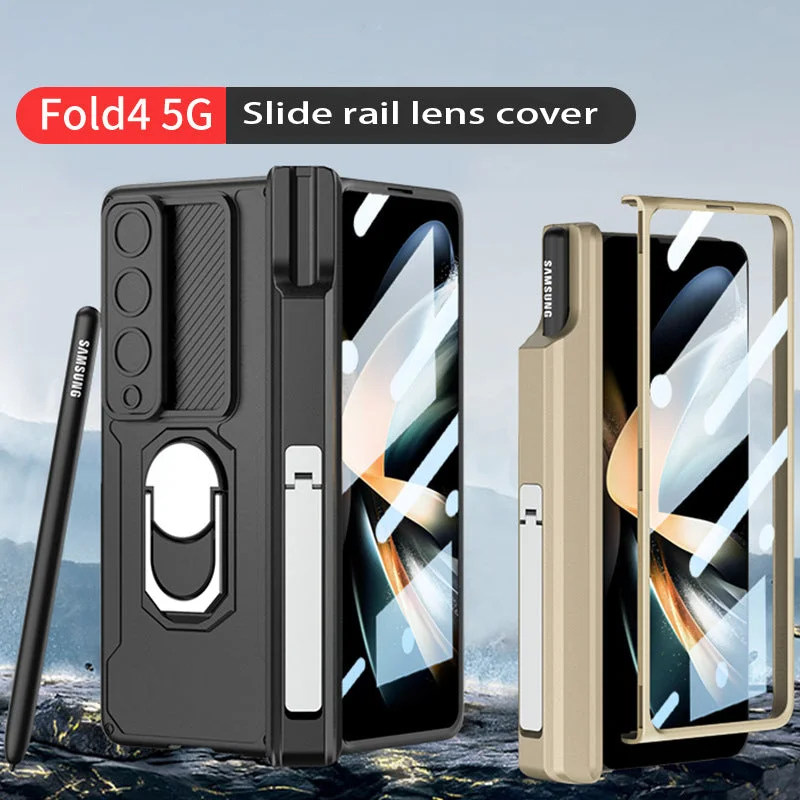Applicable To Samsung Z Fold 4 Slide Rail Lens Cover Push Window 2-In-1 Ring Holder Folding Phone Case