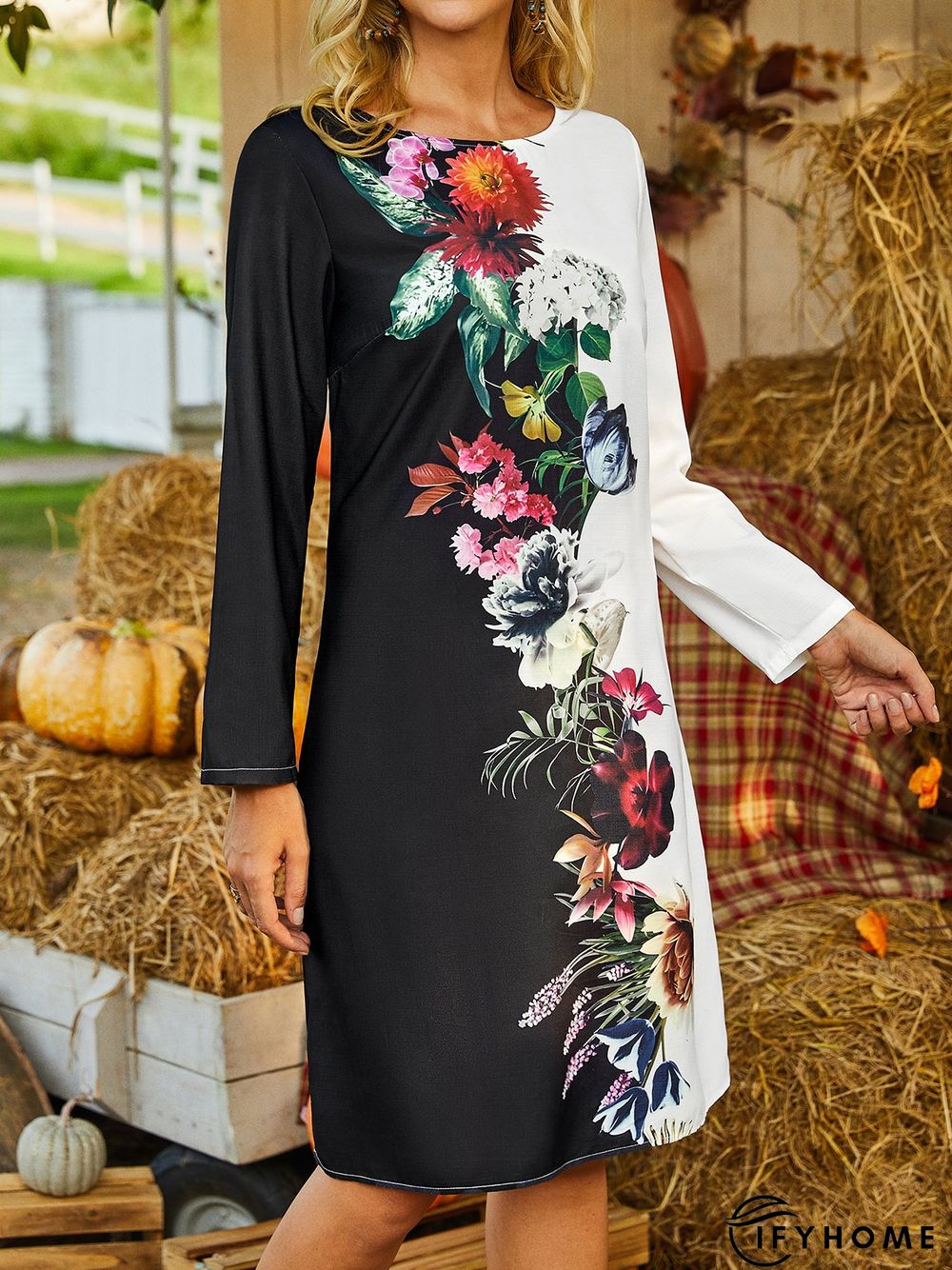 Casual Floral Crew Neck Long Sleeve Loose Tunic Dress | IFYHOME