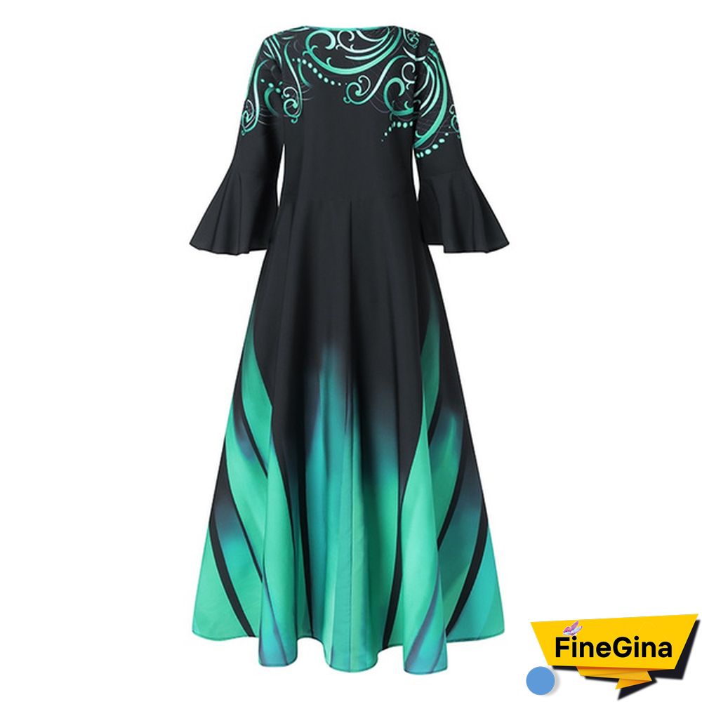 Women Kaftan Party Color Printed Long Shirt Dress Casual Flare Sleeve O Neck Slim Maxi Sundress
