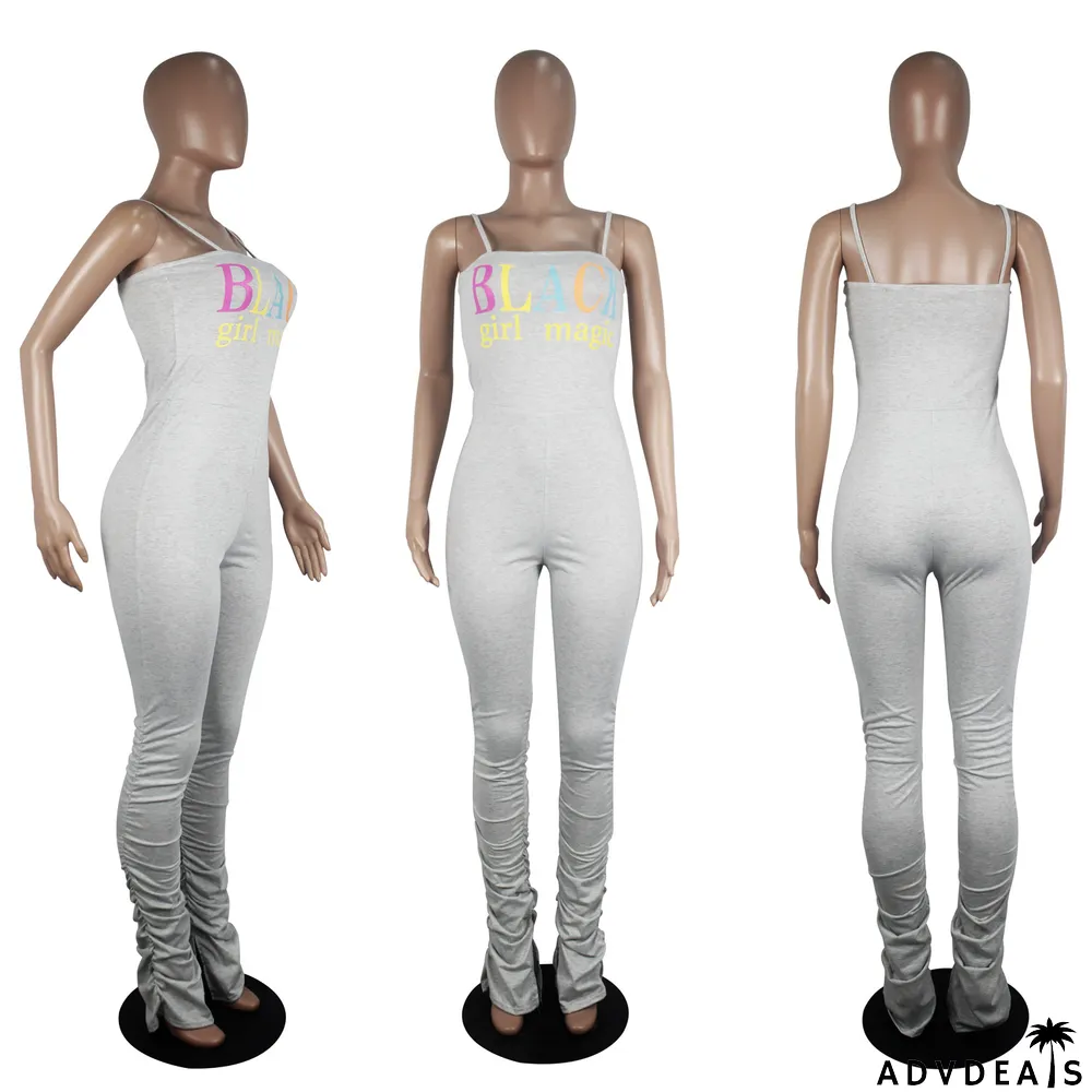 Plus Size Letter Print Spaghetti Strap Stacked Jumpsuits